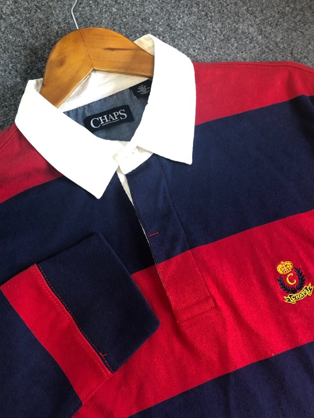 Chaps Rugby Shirt Mens Large Red Navy Blue Striped Long Sleeve Polo Crest